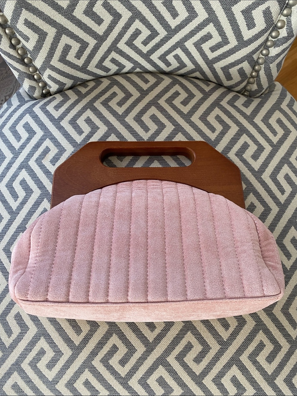 Pink Quilted Fabric Clutch with Wooden Handle